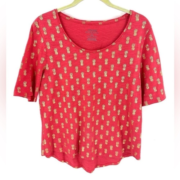 Chico's Tops - Chico's Size 1 US 8 Metallic Gold Pineapple Top Short Sleeve Shirt Watermelon
